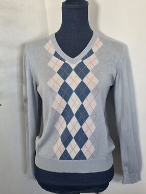 Monterey Club Silk & Cotton Argyle V-Neck Sweater - Small